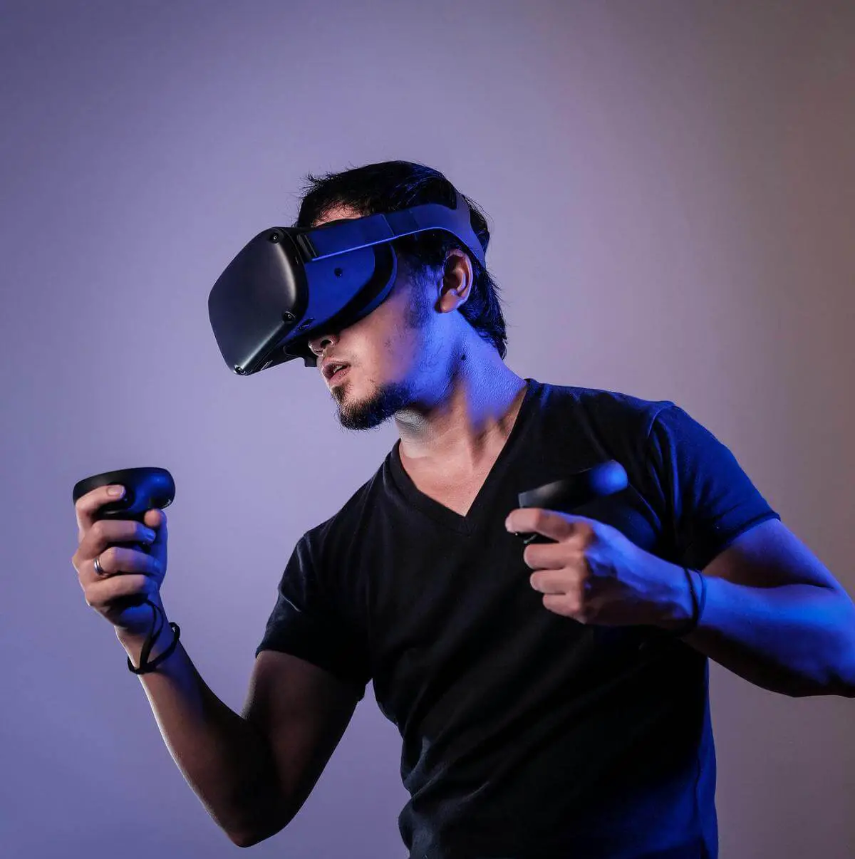 A futuristic image showing a person wearing a wireless VR headset and interacting with virtual content.