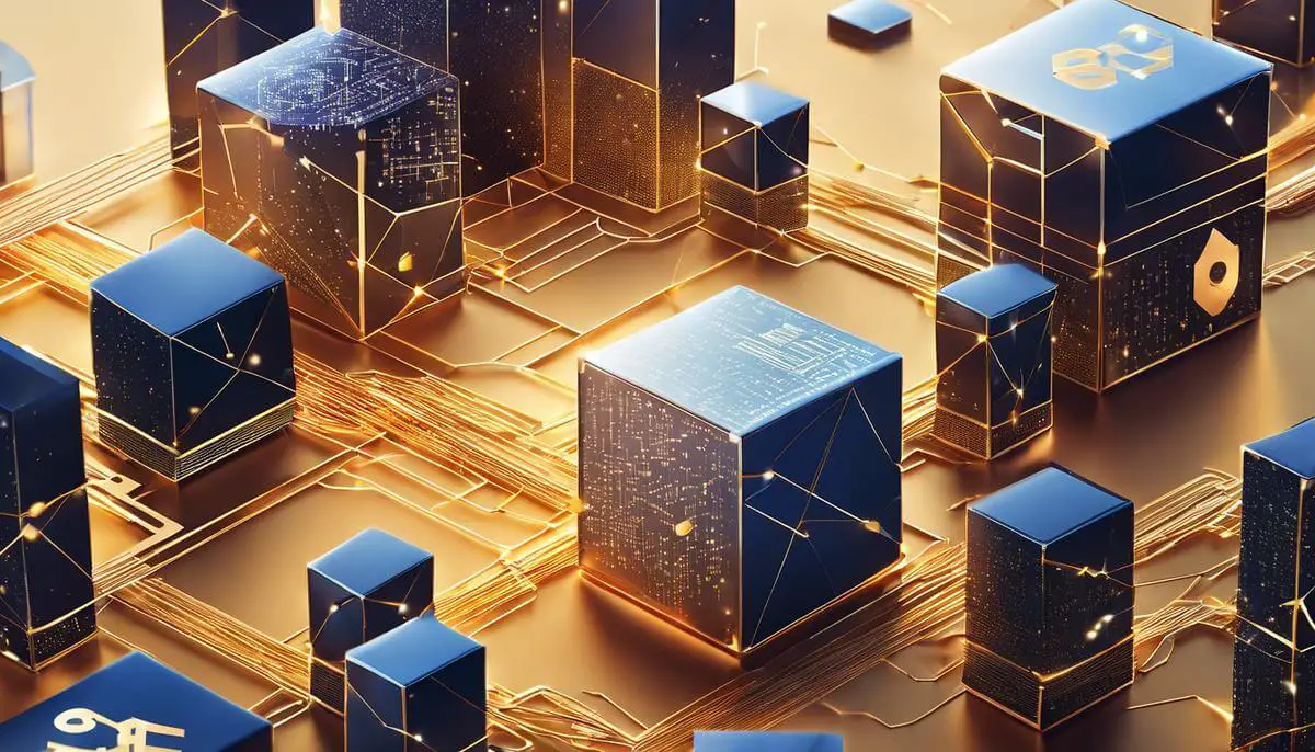 Illustration of a blockchain network with interconnected blocks representing transactions.