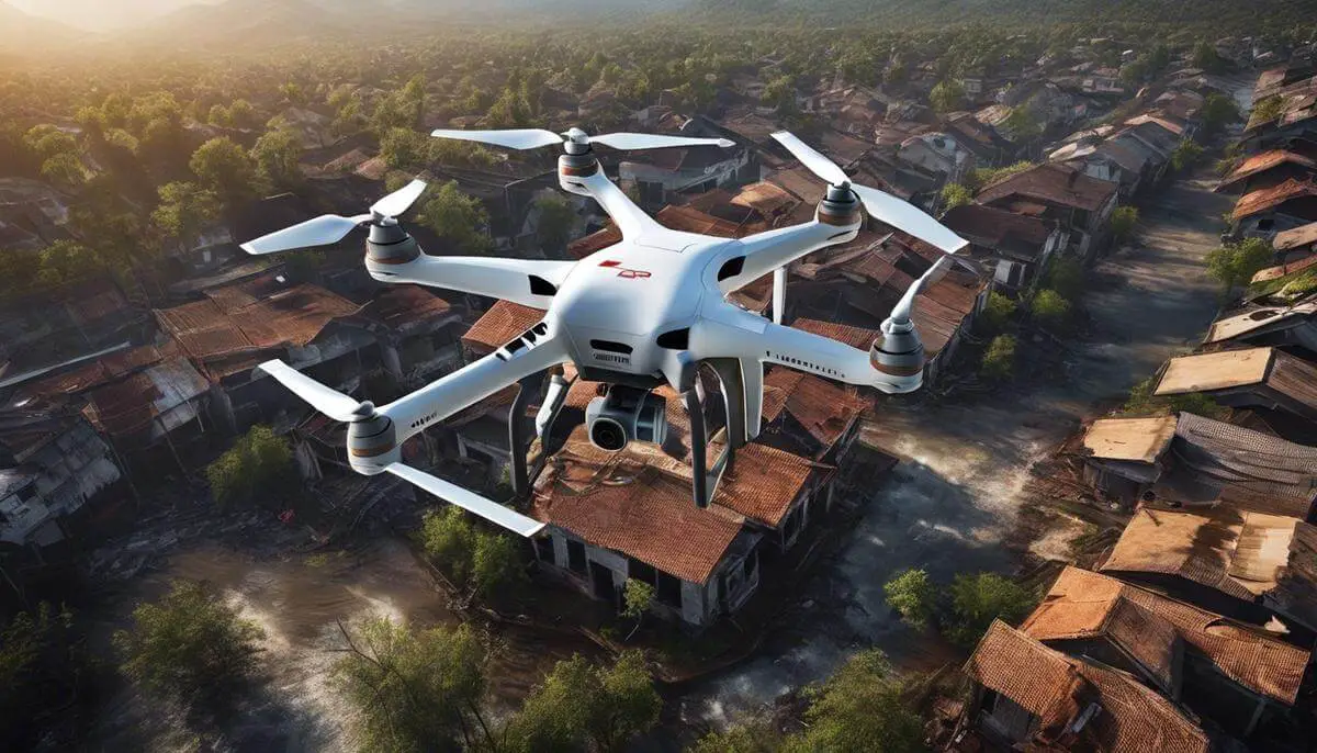 An image depicting a drone hovering in the sky above a disaster-stricken area, capturing aerial data and providing assistance.
