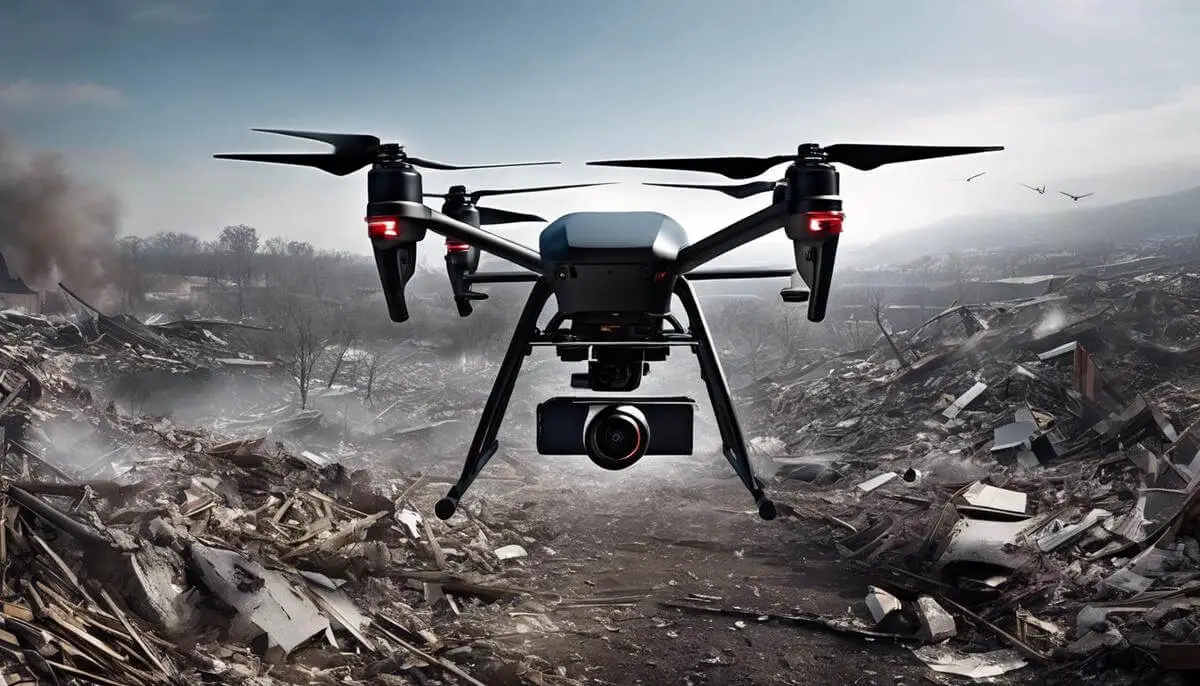 A drone in a disaster area with debris and destruction, capturing the urgency and importance of drone use in disaster response.