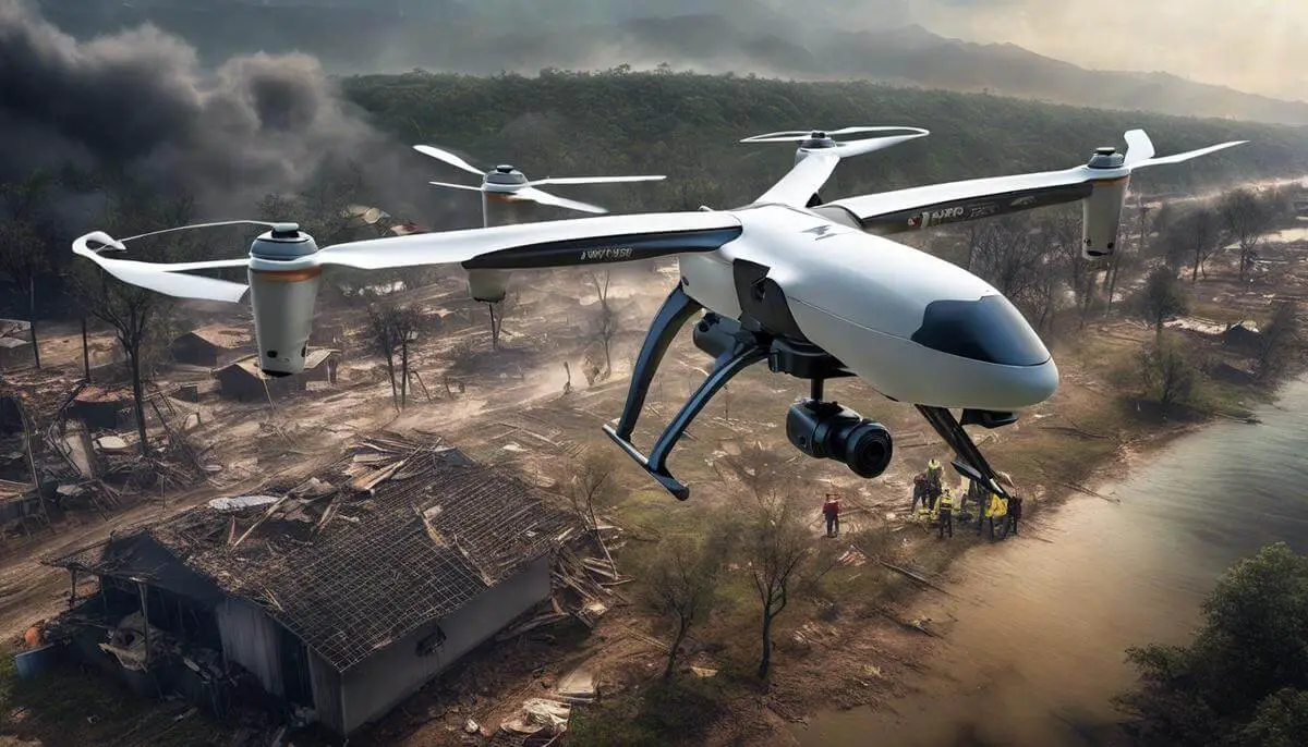 Image illustrating drones in disaster response, showing a drone flying above a disaster-stricken area with people in need of help