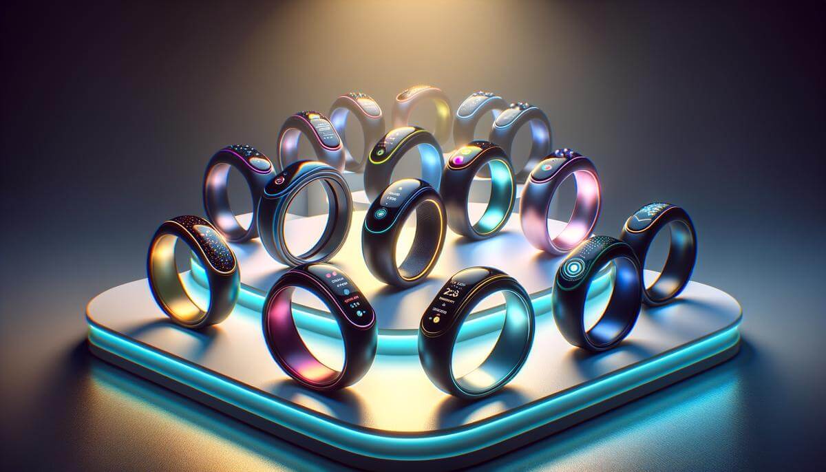 Various smart ring models displayed side by side on a modern stand