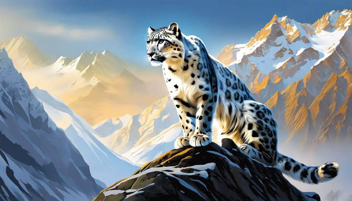 Illustration of a GPS-tagged snow leopard in the Himalayas, representing the use of technology in wildlife tracking at remote locations.